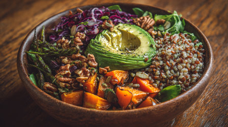 Hearty and nutritious vegetarian buddha bowl with a variety of vegetables. A vibrant and healthy meal featuring avocado, quinoa, sweet potato, nuts, and greens in a rustic wooden bowl.の素材