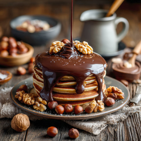 A mouthwatering shot of a tall stack of pancakes being drizzled with a thick chocolate sauce. The dish is garnished with walnuts and hazelnuts on a rustic plate, creating a perfect visual for a gourmet breakfast, dessert, or a sweet treat.の素材