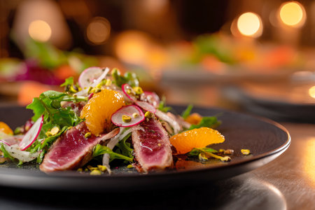 Gourmet seared tuna salad with fresh oranges and pistachios on a dark plate. A fine dining masterpiece showcasing a perfect combination of colors, flavors, and textures.の素材