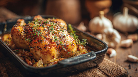 A mouthwatering, golden-brown roasted chicken is presented in a rustic cast-iron baking dish, surrounded by vegetables and garnished with fresh thyme. This classic and flavorful dish is ideal for a comforting home-cooked family dinner.の素材