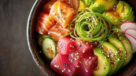 An appetizing and colorful close-up of a fresh poke bowl. The bowl is filled with cubes of raw salmon and tuna, creamy avocado slices, cucumber, and radishes, all garnished with sesame seeds and fresh herbs, perfect for a healthy lunch or dinner.の素材