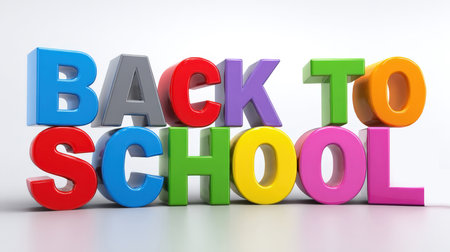 Colorful 3D text "Back to School" on a white background, perfect for educational themes, school promotions, and learning concepts. High-quality illustration for various projects.の素材