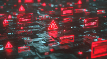 A futuristic digital landscape with a network of circuits, highlighted by numerous red warning icons, error alerts, and a prominent padlock symbol. This image effectively represents cybersecurity threats, data breaches, and digital security concepts.の素材