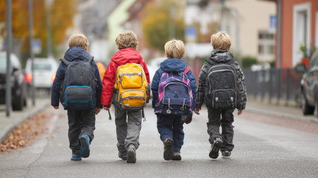 A group of four young students with colorful backpacks are walking together on a street. This image captures the essence of friendship and school life, perfect for back-to-school themes, education, and childhood concepts.の素材