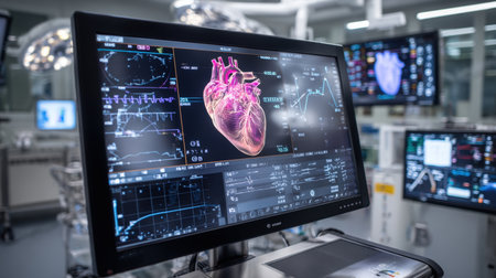 A close-up of a medical monitor in a high-tech operating room, displaying a detailed 3D rendering of a human heart along with vital signs and diagnostic data. The focus is on the precision of modern medicine.の素材