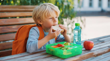 A young student with an orange backpack eats a sandwich while sitting at an outdoor picnic table. A bright green lunchbox with vegetables, a bottle of water, and an apple sit next to him.の素材