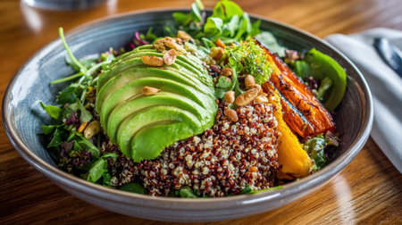 An appetizing and nutritious salad bowl featuring a perfectly seared salmon fillet, creamy avocado slices, and a mix of colorful quinoa and fresh greens. This image captures a delicious and healthy meal option, perfect for a modern lifestyle.の素材