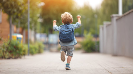 A joyful student with a backpack is captured from behind, running with arms raised in victory down a sunny street. The image conveys energy, success, and the excitement of a new beginning.の素材