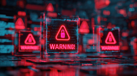 Three prominent holographic warning signs with a padlock and exclamation point glow in a digital space, with a glitched, abstract interface in the background. The image represents a critical security threat.の素材