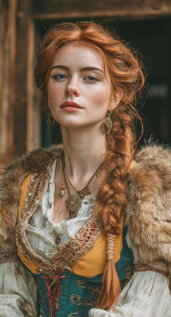 A stunning portrait of a woman dressed in historical or fantasy atmosphere. Her striking red hair, detailed jewelry, and thoughtful expression evoke a sense of mythology and tradition.の素材