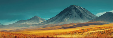 A vast, beautiful mountain landscape featuring a large, majestic volcano peak and a foreground of dry, golden grass and fields under a deep blue sky.の素材
