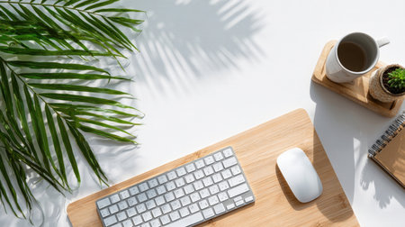 Modern minimalist workspace with an aluminum keyboard, wireless mouse, and a notebook on a bamboo tray. Green palm leaves and a cup of coffee create a serene, tropical, and productive work environment.の素材