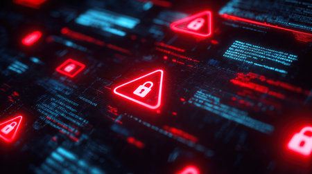 Digital interface with a grid of glowing red security lock icons and warning signs, overlaid with abstract data and code, symbolizing a critical system breach, cyber attack, or data protection risk.の素材