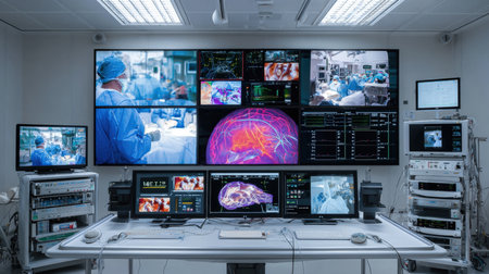 Command center of a high-tech operating room, featuring a large screen wall displaying live surgical feeds, patient vitals, and detailed brain scans, emphasizing modern medical technology and data-driven healthcare.の素材