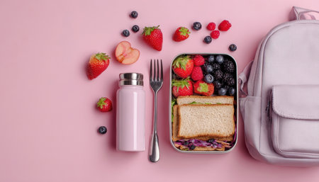 A metal lunch box filled with a healthy school lunch. It contains a sandwich, fresh strawberries, raspberries, blueberries, and blackberries. A small pink thermos bottle, a fork and a school backpack are placed next to the box on a pink backgroundの素材
