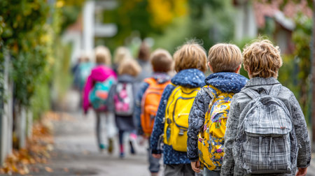 A diverse group of young schoolchildren with colorful backpacks walking together on a path, illustrating the journey to education, companionship, and the excitement of a new academic year.の素材