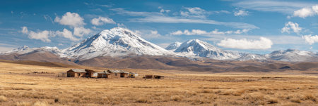 A panoramic view of the Bolivian Andes. Several small wooden houses are in the foreground, with dry grass and a snow-covered mountain range in the background. The sky is bright with small white clouds.の素材