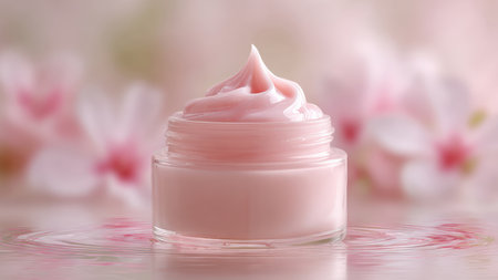 A glass jar filled with pink cream with a beautiful swirl on top, placed on a ripping water surface. The background is blurred with pink flower petals.の素材