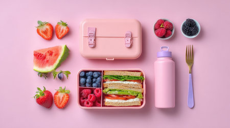 A healthy and balanced lunch laid out on a pink background. It contains a sandwich, fresh berries, and a watermelon slice. A pink bento box, a thermos bottle, and a fork are placed next to the food.の素材