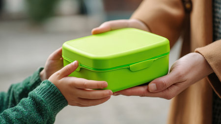 Mom and Kid Hands Exchanging a Green Lunch Box. A Parent Giving a Meal to Their Child. Back to School.の素材
