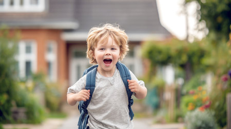 A cute little boy with a blue backpack is running outside and smiling with a joyful face. He is wearing a gray shirt and seems to be very excited for his first day of school. The house is in the background.の素材