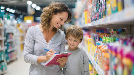 A mother and her son are standing in a supermarket aisle, smiling as they look at a notepad. The boy is pointing at the list while the mother holds a pen, ready to write. The shelves are full of products in the background.の素材