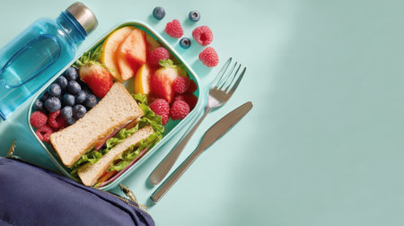 A brightly colored and healthy school lunch, packed with a fresh sandwich, blueberries, raspberries, strawberries, and melon, is next shown to a water bottle. This image promotes healthy eating for students.の素材