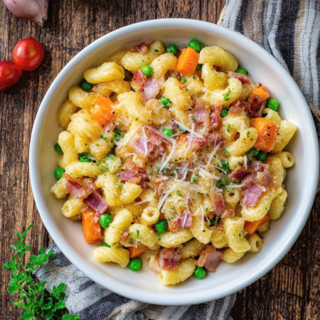 A top-down view of a hearty bowl of macaroni and cheese, filled with crispy bacon, sweet peas, and tender carrots. The dish is topped with shredded parmesan cheese and fresh parsley, perfect for a cozy, homestyle meal.の素材
