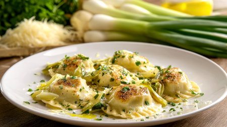 Pan-fried ravioli with a golden crust, tossed with thinly sliced leeks and garnished with fresh parsley. This close-up shot on a clean white plate captures a simple, elegant Italian meal, perfect for food blogs, menus, or culinary projects.の素材