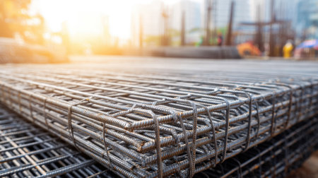 large stack of steel reinforcement bars, rebar, used to create a strong foundation for concrete structures. Themes of industrial texture, strength of materials, with sun setting in background on busy construction site, symbolizing growth, developmentの素材