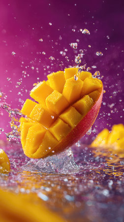 A vibrant, high-energy studio shot of a perfectly diced mango half dropping into clear water, creating a beautiful splash. The image, set against a bright pink background, emphasizes freshness, flavor, and a tropical, healthy lifestyle.の素材