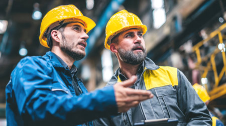 Two men in yellow hard hats and work uniforms stand together, discussing a project in what appears to be factory or industrial space. Image highlights themes of collaboration, teamwork, and professional engineering or management in work environmentの素材