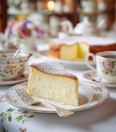 A slice of delicious and fluffy Japanese cheesecake on a beautiful vintage floral porcelain plate. A teacup and teapot are in the background. The cake is soft, light, and airy, dusted with powdered sugar.の素材