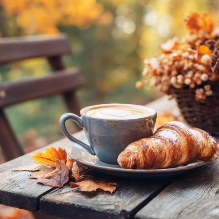 A rustic wooden table outdoors holds a cup of coffee and a fresh croissant. The scene is set on a peaceful autumn day with colorful leaves and soft sunlight, perfect for conveying a cozy and relaxing atmosphere.の素材