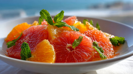 vibrant and refreshing citrus salad with juicy grapefruit and orange segments, garnished with fresh mint leaves, offering a healthy and delicious light meal or appetizer for a sunny day.の素材