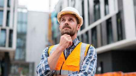 A contemplative male construction worker in a hard hat and safety vest thoughtfully looks up, considering project details and architectural plans at a modern building site, representing a diligent professional.の素材