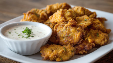 A close-up shot of a plate of golden fried alligator bites, a popular southern delicacy. A small bowl of creamy dipping sauce with parsley is served on the side. The alligator bites are crispy and delicious.の素材