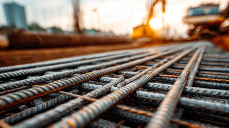 Close-up of a rusty steel rebar grid at a construction site with a blurred background of a city silhouette and a beautiful sunset. Perfect for illustrating themes of construction, industry, and building.の素材