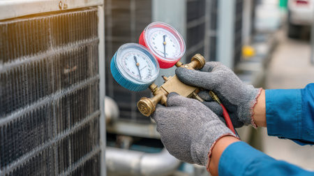 A technician's hands, wearing protective gloves, use a manifold gauge set to check the pressure on an outdoor air conditioning unit. The image is perfect for illustrating themes of hvac services, maintenance, and repair.の素材