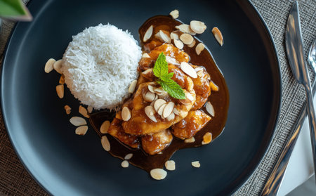 A gourmet, top-down view of a delicious glazed chicken dish, topped with toasted almond flakes and a sprig of mint. Served with fluffy steamed rice on a modern black plate.の素材