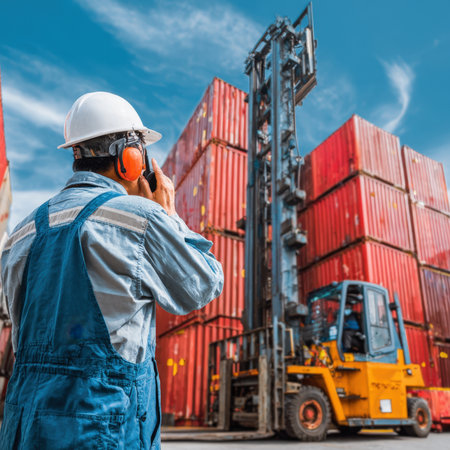 A port worker in safety gear uses a walkie-talkie at a busy container terminal. The scene, with stacks of red containers and a forklift, represents global logistics, international trade, and the coordination of shipping.の素材