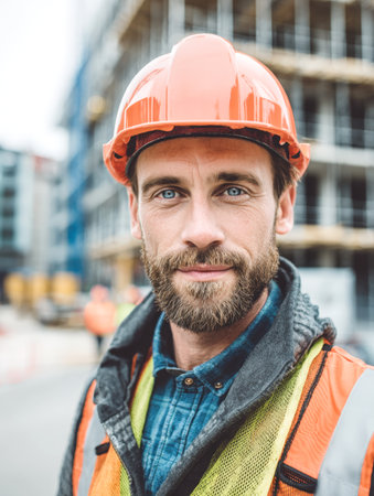 A handsome and friendly construction worker with blue eyes and a beard, wearing an orange hard hat and safety vest, smiles confidently at the camera. He represents professionalism, expertise, and dedication in his field.の素材