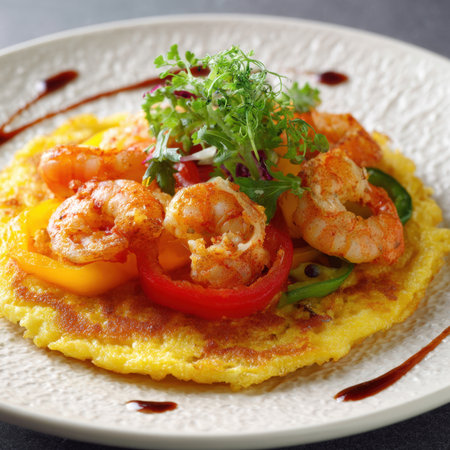 A beautifully plated dish featuring a crispy fried egg pancake topped with succulent shrimp and a fresh salad of sliced tomatoes, bell peppers, and greens. It's an elegant and delicious meal, perfect for any time of day.の素材