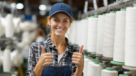 A happy and confident female worker wearing a cap and denim overalls, giving a thumbs-up in a textile factory. The image represents a positive work environment, modern industry, and a successful career pathの素材