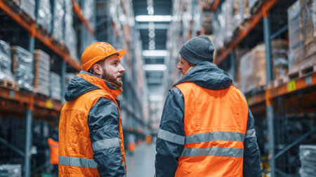 Two skilled male warehouse workers in hard hats and high-visibility vests are discussing logistics in a large, modern warehouse with shelves of products in the background. The image highlights teamwork, professionalism, and the logistics industry.の素材