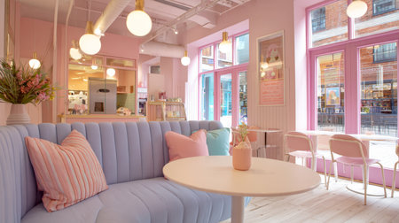 A pastel-themed cafe with pink walls and doors, a blue cushioned bench with pink pillows, and round tables with pink chairs. The scene is lit by elegant hanging light fixtures, creating a modern and cozy interior.の素材