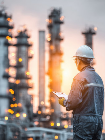 A male worker in a hard hat and protective suit holds a clipboard, standing with his back to the camera, inspecting machinery at an oil refinery or industrial plant during a dramatic, sunlit sunset.の素材