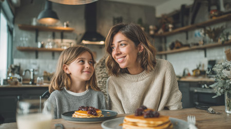 A smiling mother and her daughter are having a happy moment together, eating delicious pancakes with fresh berries for breakfast. The image conveys a sense of family, love, and a cozy morning at home.の素材