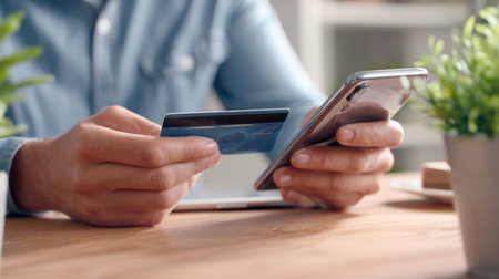 A man uses a credit card to make a payment on his smartphone, illustrating security of online shopping and digital financial transactions. Quick online payment: person holds credit card, smartphone, ready to complete a mobile purchase or transactionの素材