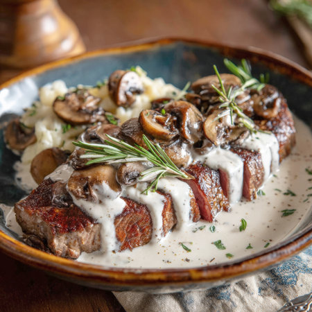 A perfectly seared, sliced beef sirloin steak, smothered in a rich and creamy mushroom sauce. Served with a side of fluffy mashed potatoes and garnished with fresh rosemary, it is a luxurious, hearty, and delicious meal.の素材